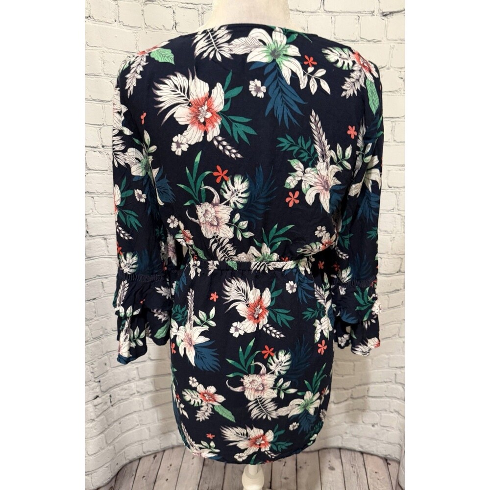 Blue Island Blue Floral Short Tie Front Rayon Ruffle Sleeve Wrap Dress Small - Picture 5 of 8